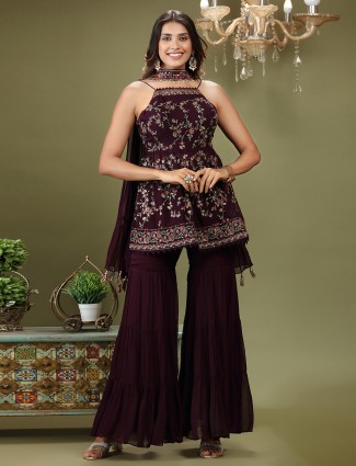 Wine georgette sharara suit with dupatta