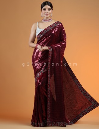 Wine hue party events sequins saree for women