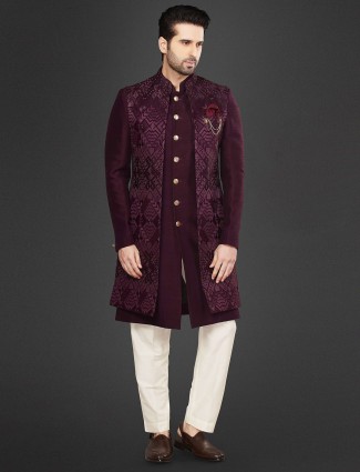 Maroon hued raw silk indowestern for men
