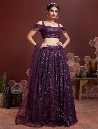 Wine purple net wedding lehenga choli with sequins details