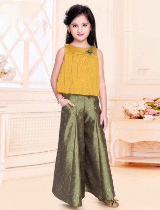 Yellow and olive party wear palazzo style suit