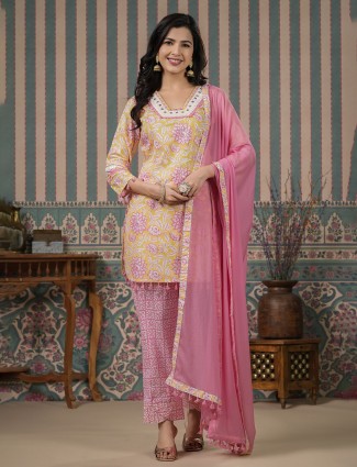 Yellow and pink cotton printed kurti set