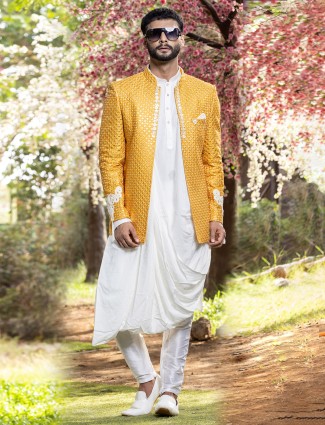 Yellow and white silk indowestern