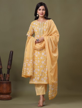 Yellow printed cotton casual pant suit