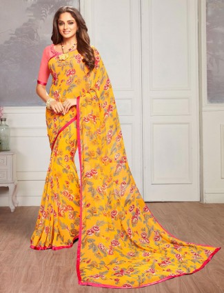 Yellow printed georgette saree for festivals