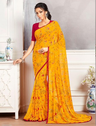 Yellow printed saree in georgette for women