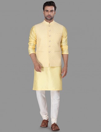 Yellow raw silk waistcoat set for mens