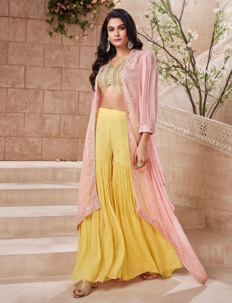 Yellow sharara suit with contrast shrug