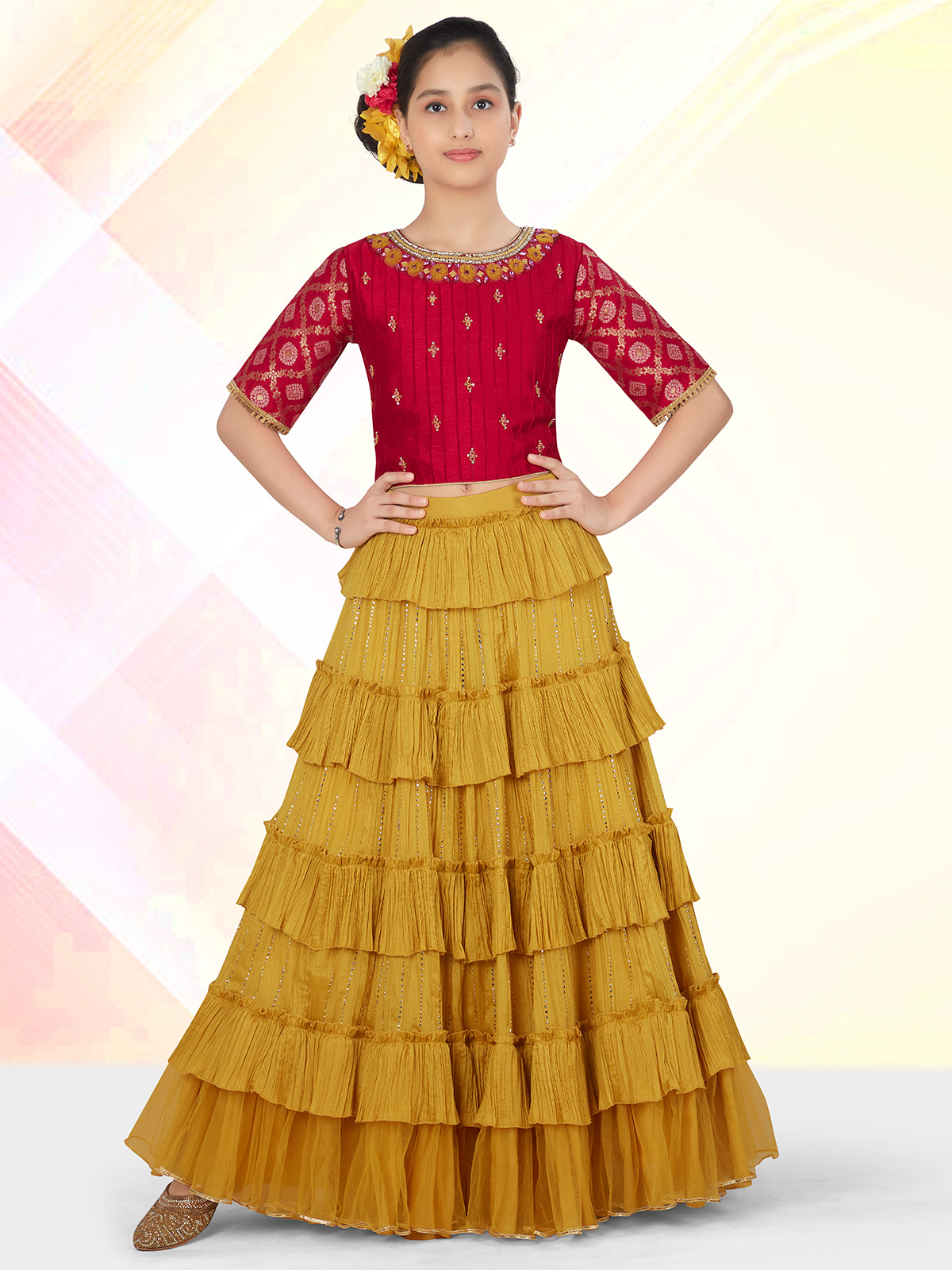A mustard yellow georgette lehenga choli for little girls G3