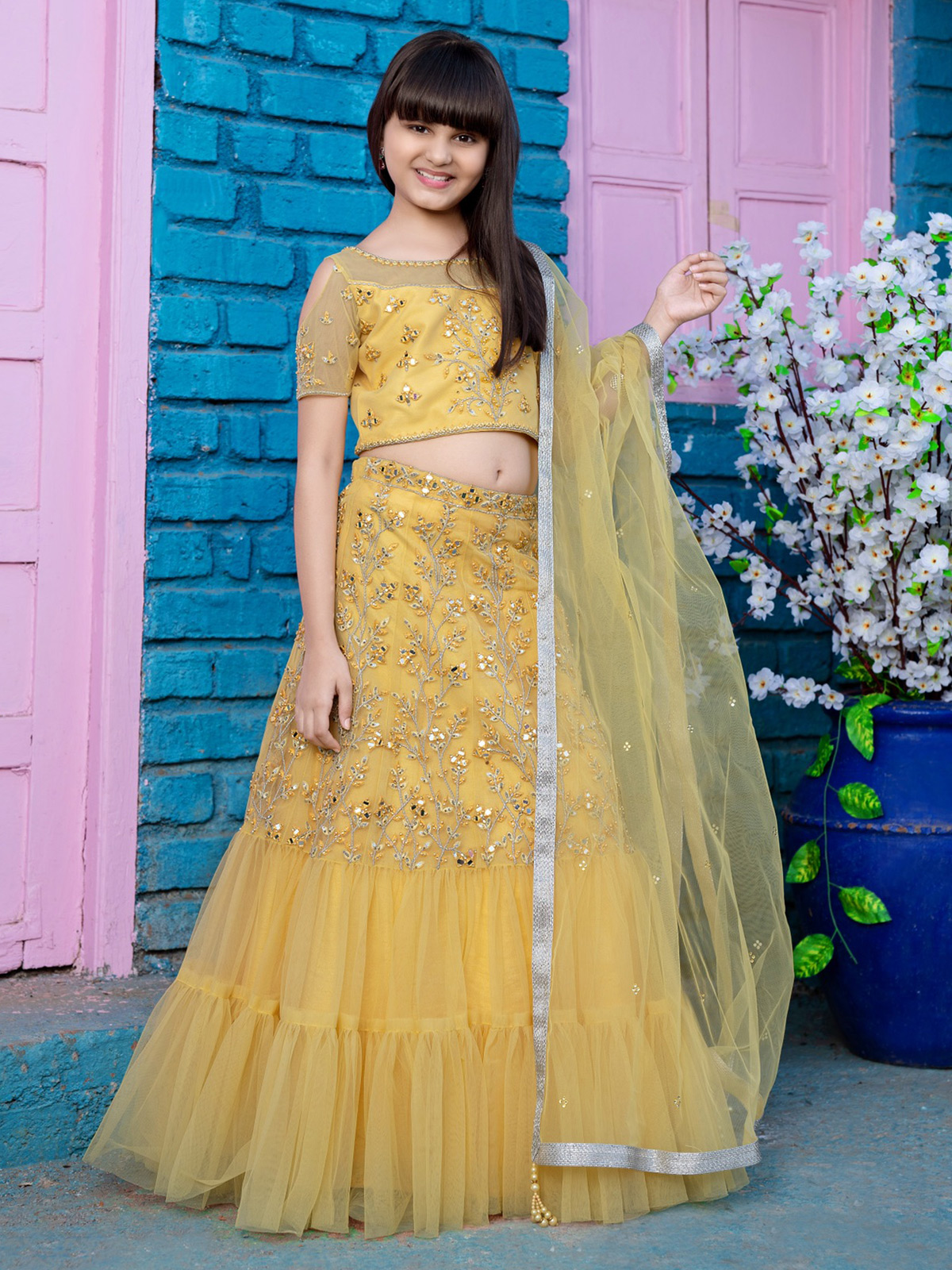 Yellow Net Reception Trendy Lehenga Choli