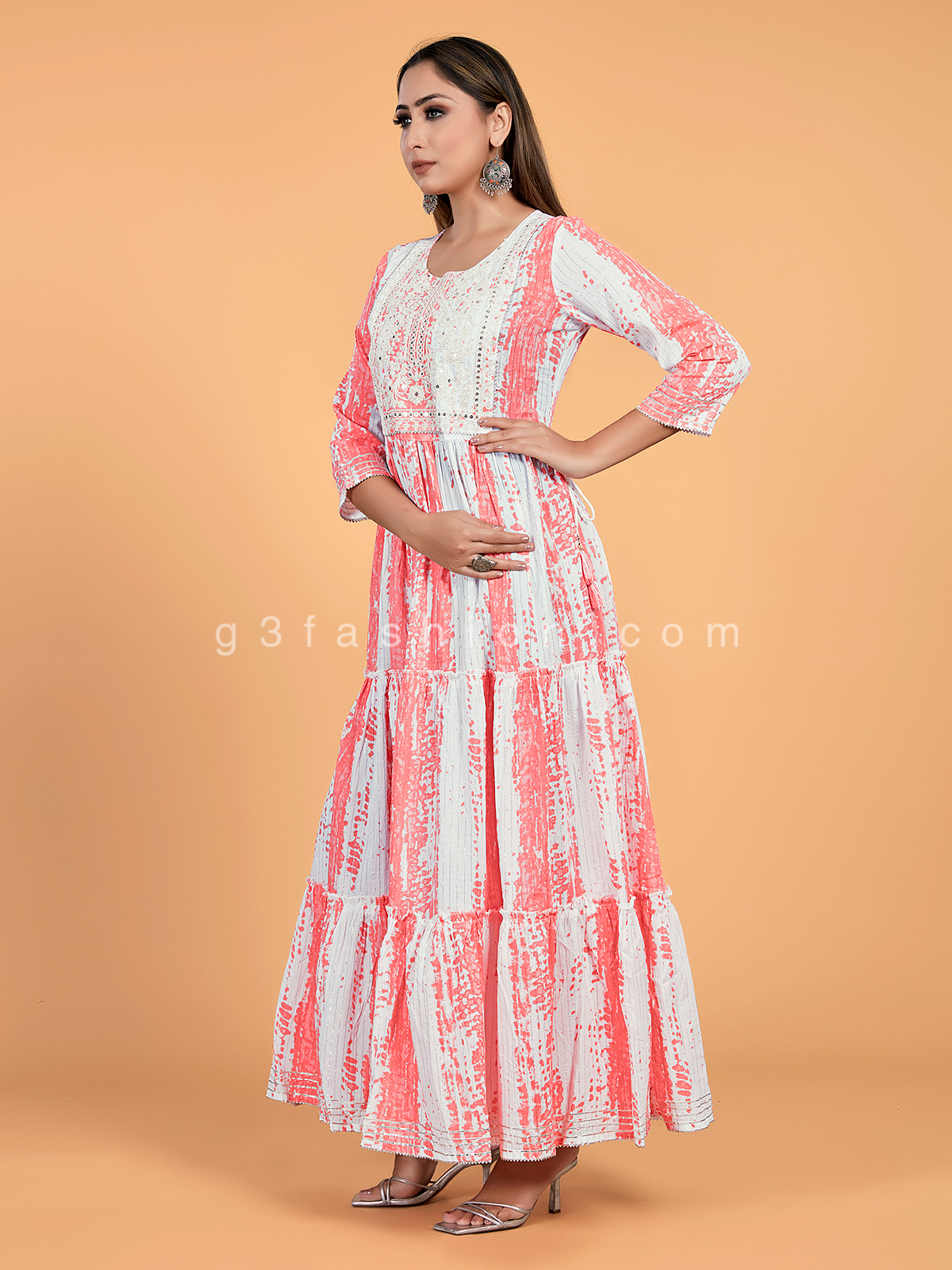 Anarkali style peach and white cotton kurti G3 WKU01774