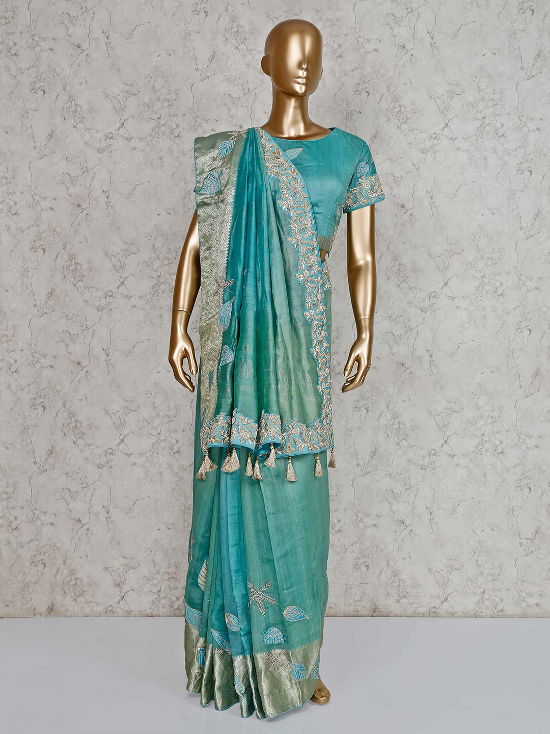 Aqua Green Embroidered Saree In Pure Silk With Ready Made Blouse G3 Wsa39812 G3fashion Com