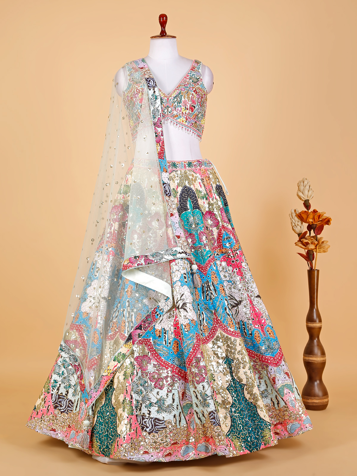 Party Wear Multi Colored Silk Printed Lehenga Choli - Premium - Indian