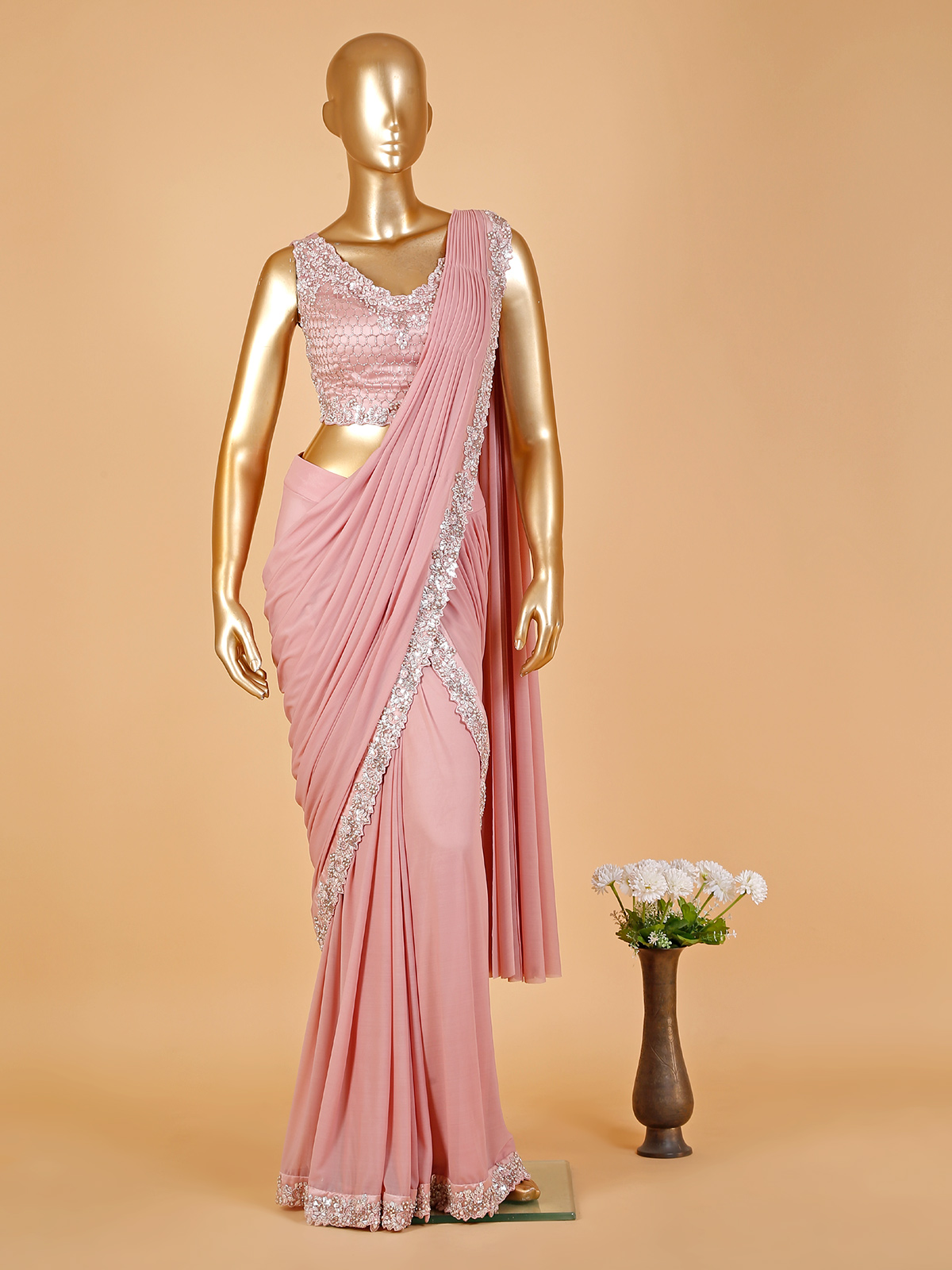 Buy Dark Mauve Stone Embroidered Lycra Pre-stitched Saree Online | Samyakk