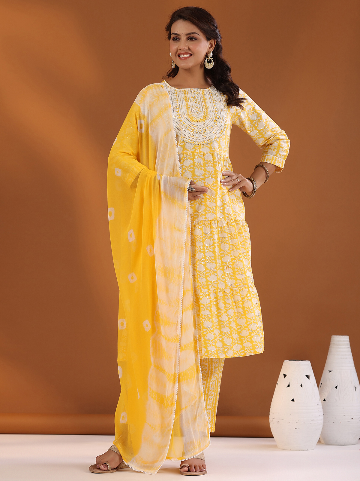 Buy Yellow Cotton Embroidered Designer Kurti Online : Mauritius -