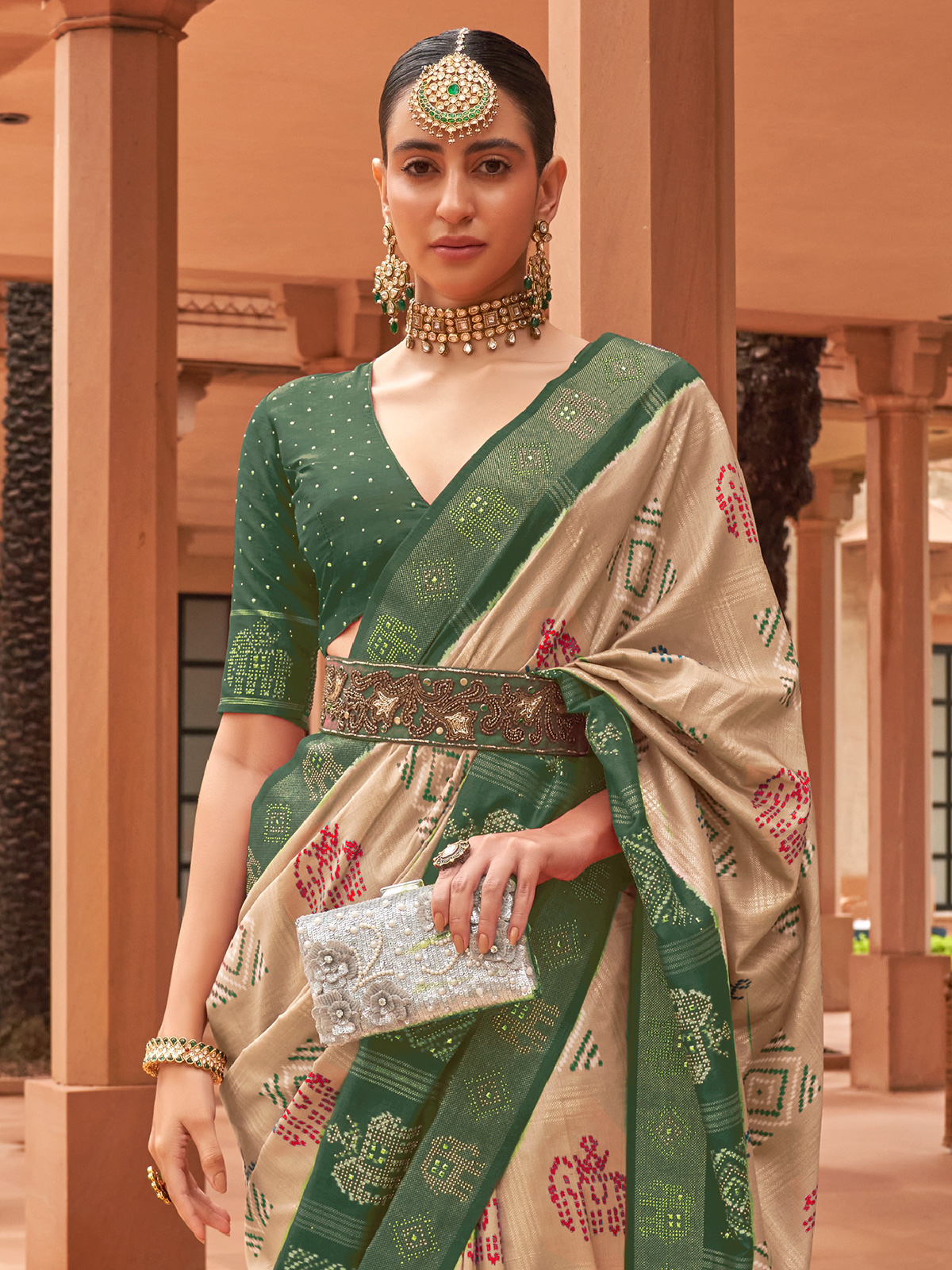 Beige and green silk printed saree G3 WSA52939 G3fashion