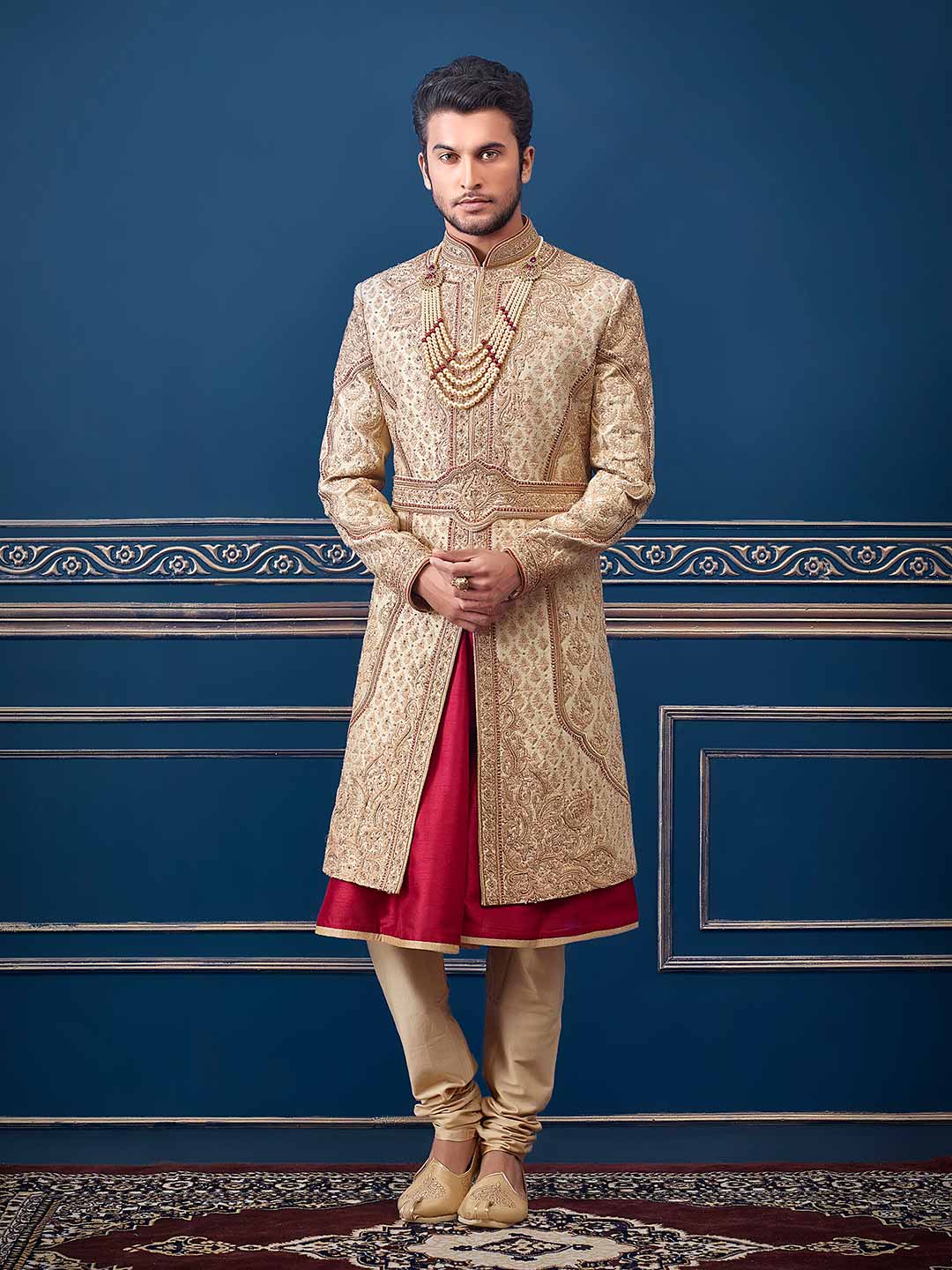 Golden,Maroon Colour Silk Fabric Groom Sherwani.