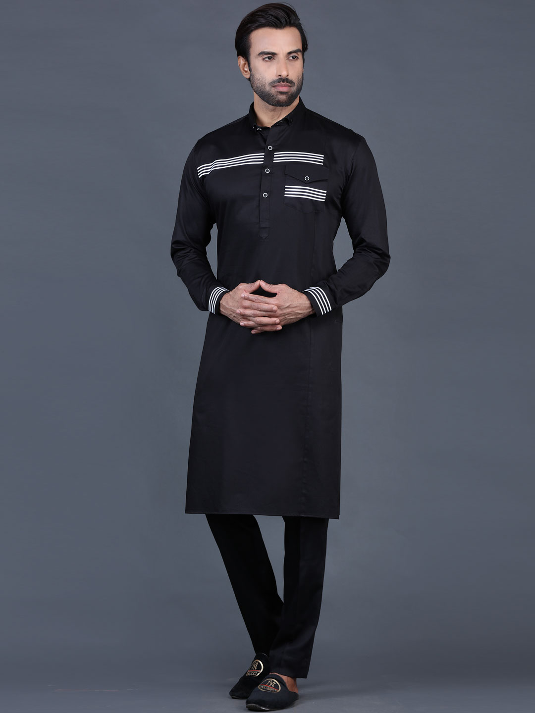 Black and Off White Banarasi Silk Engagement Kurta Payjama With Jacket -