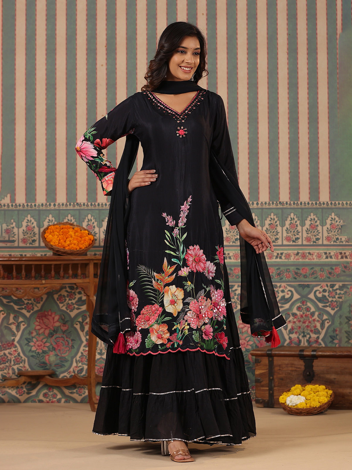 Buy Black Floral Printed Panelled Indie Dress Online - Shop for W