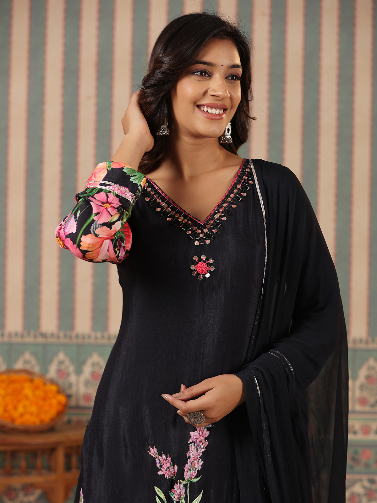 Black Floral Kurti With Pant And Dupatta Set.Pure Versatile Cotton. | Laces  and Frills | Laces and Frills