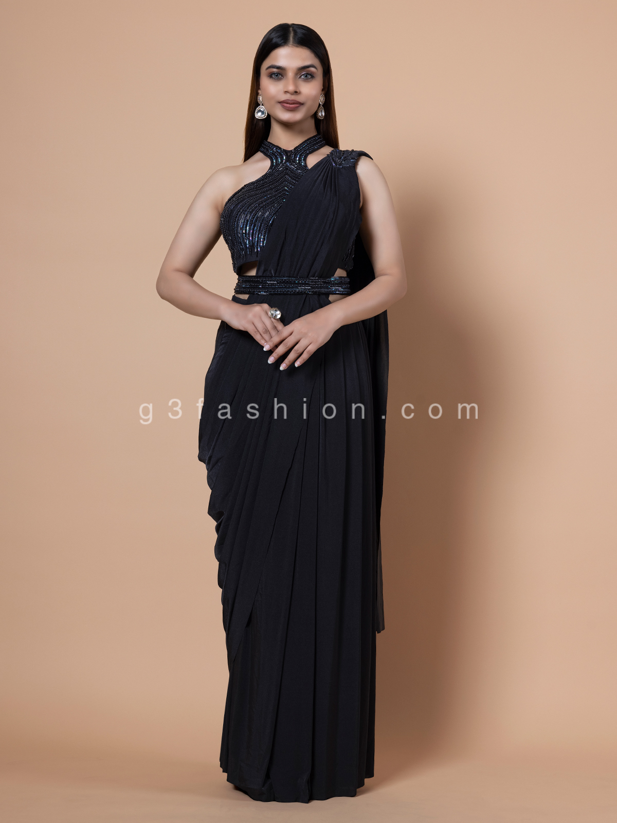 Nude Blush Pre-Draped Ruffle Saree with Embellished Belt