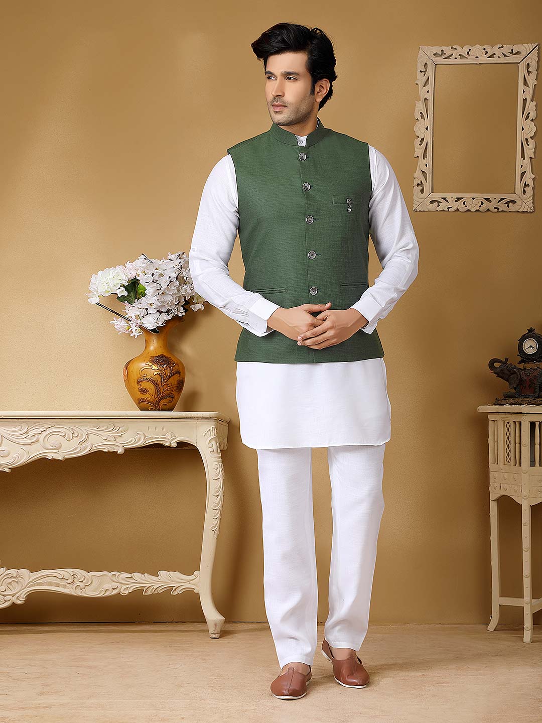 Mens Nehru Jacket Latest Kurta Pajama and Waistcoat Set 2021