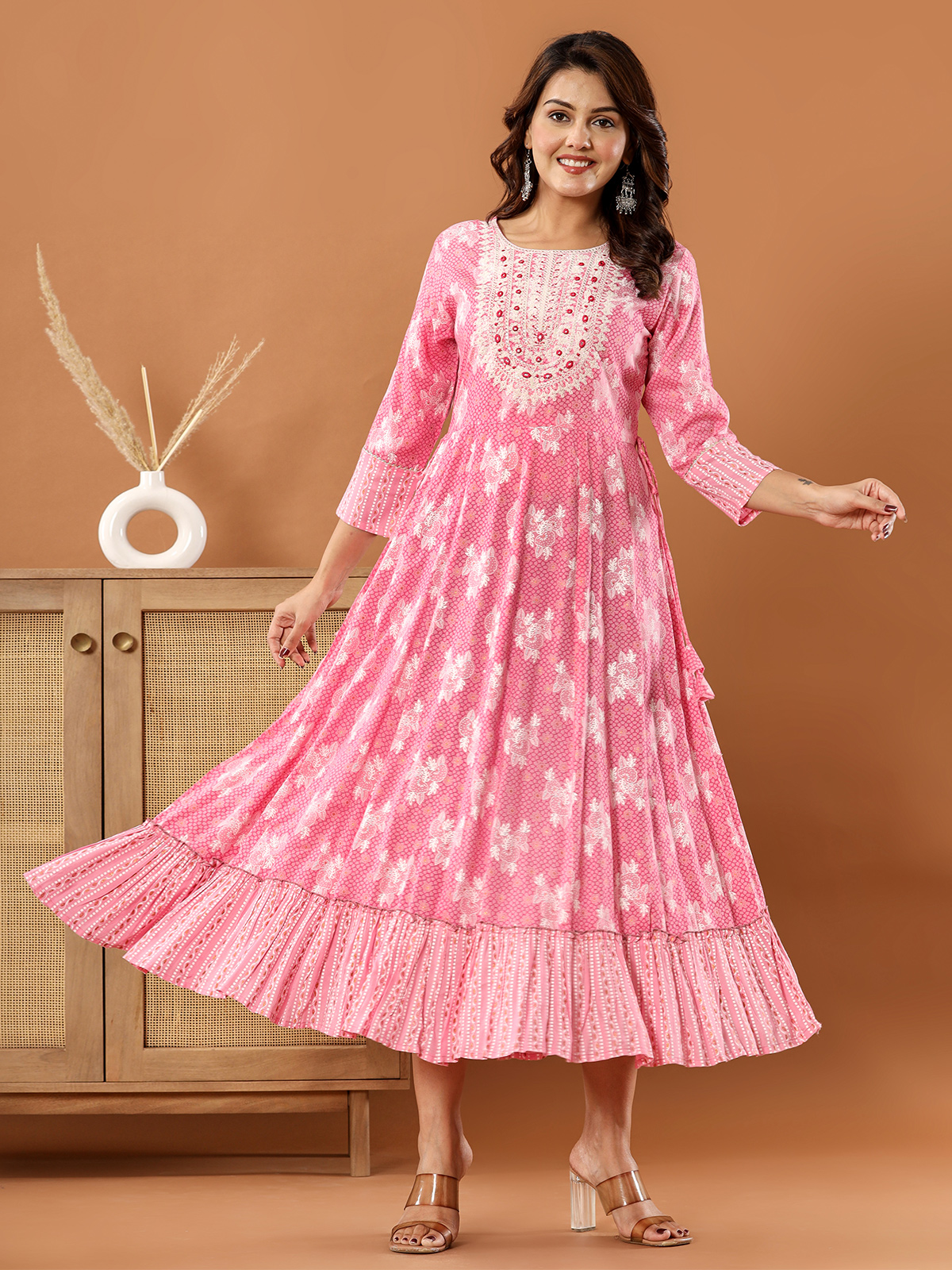 Cotton Straight Kurti - Watermelon Pink Floral Motif – Ethnic Rajasthan