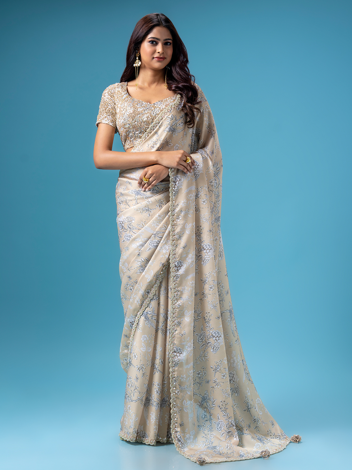 Printed sky blue mashru silk saree - G3-WSA55122 | G3nxt.com