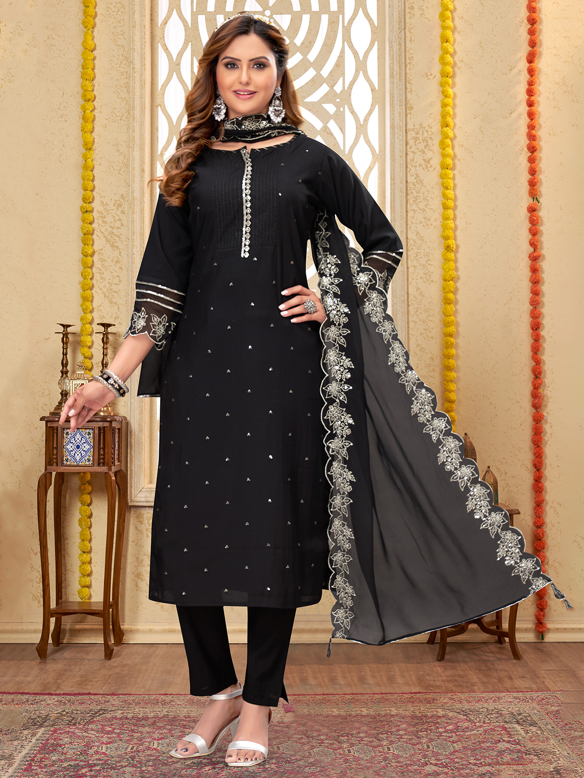 Embroidered Art Silk Punjabi Suit in Black : KRY1477