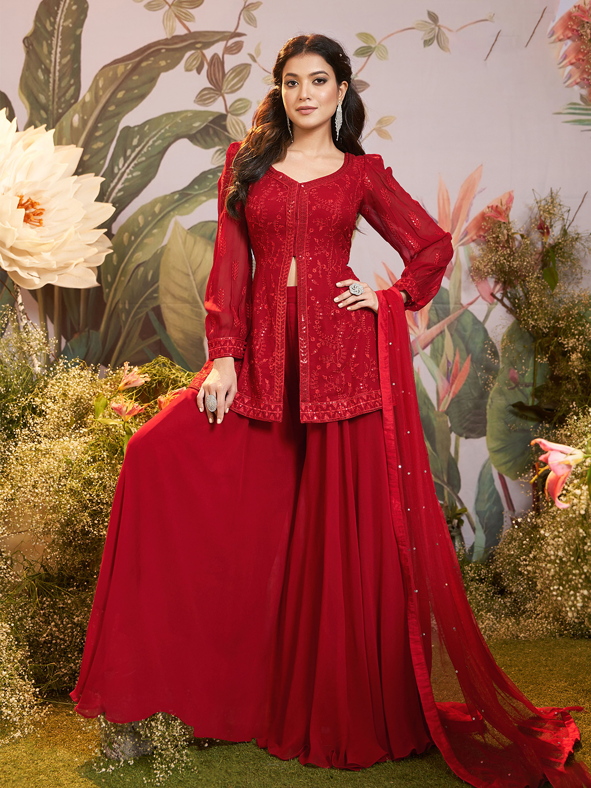 Classy red georgette palazzo suit - G3-WSS40945
