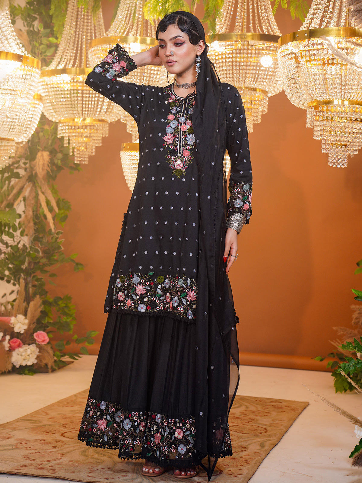 Designer Sleeveless Black Sharara Suit For Partywear - Ethnic Race