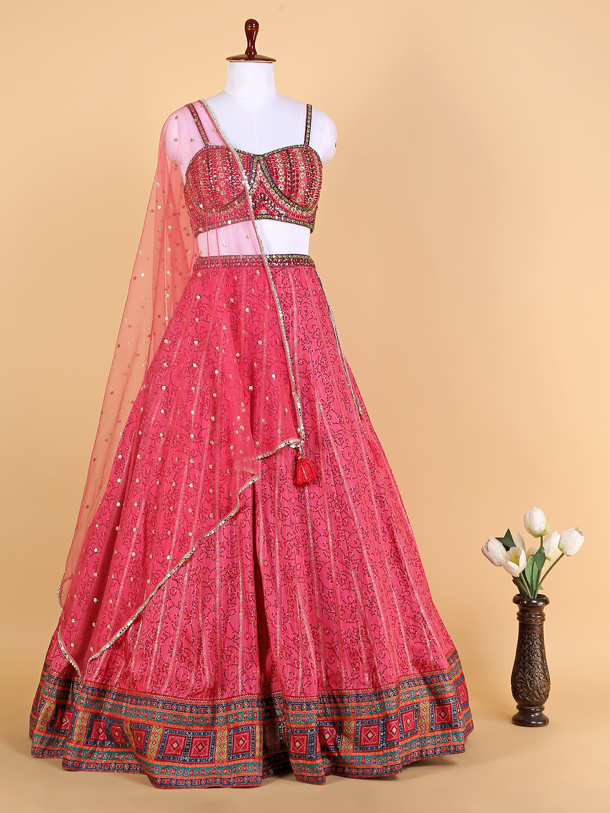 Coral pink top bridal lehenga