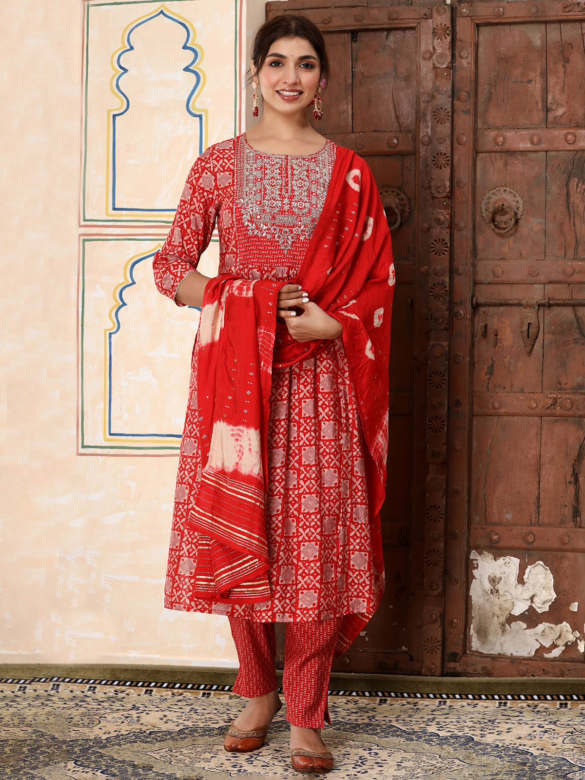 White Kurta Set with Red and Blue Flowery Embroidery – The Vasiliki