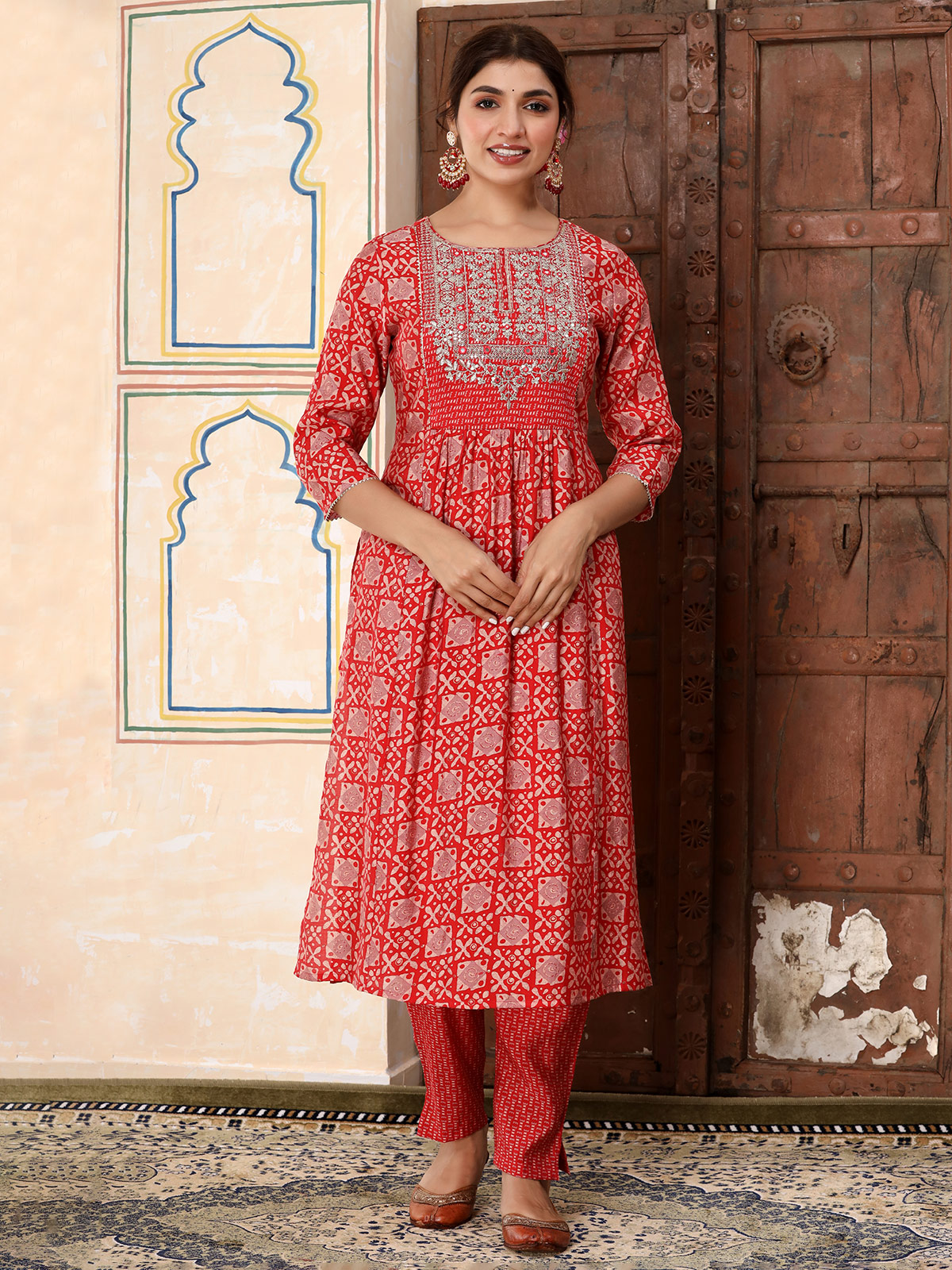 cotton casual wear red printed kurti set 1677223986as2617511 3