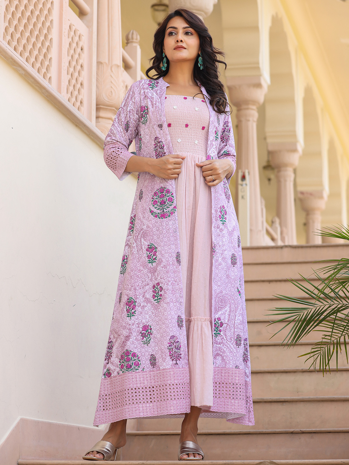 Buy Baby Pink And Peacock Blue Jacket Kurti With Resham And Patch Work  Online - Kalki Fashion