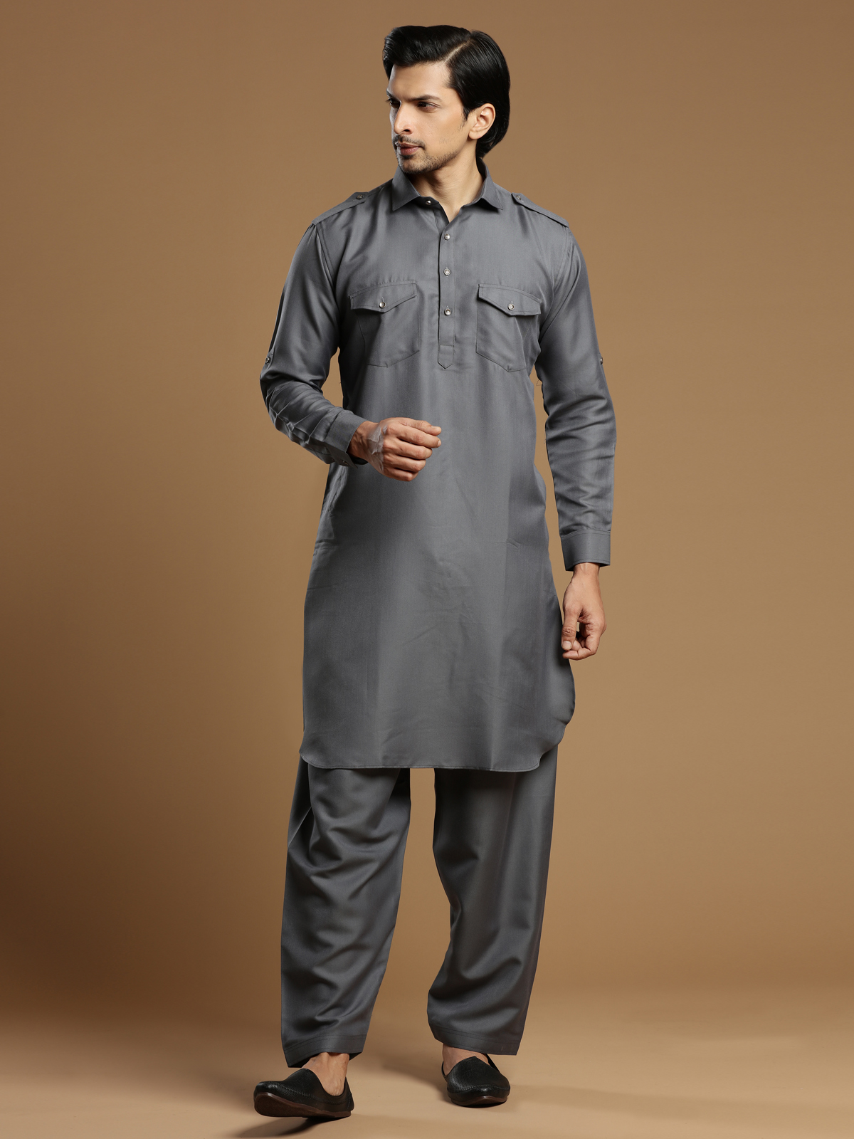 Readymade Grey Plain Pathani Suit In Satin 826MW20