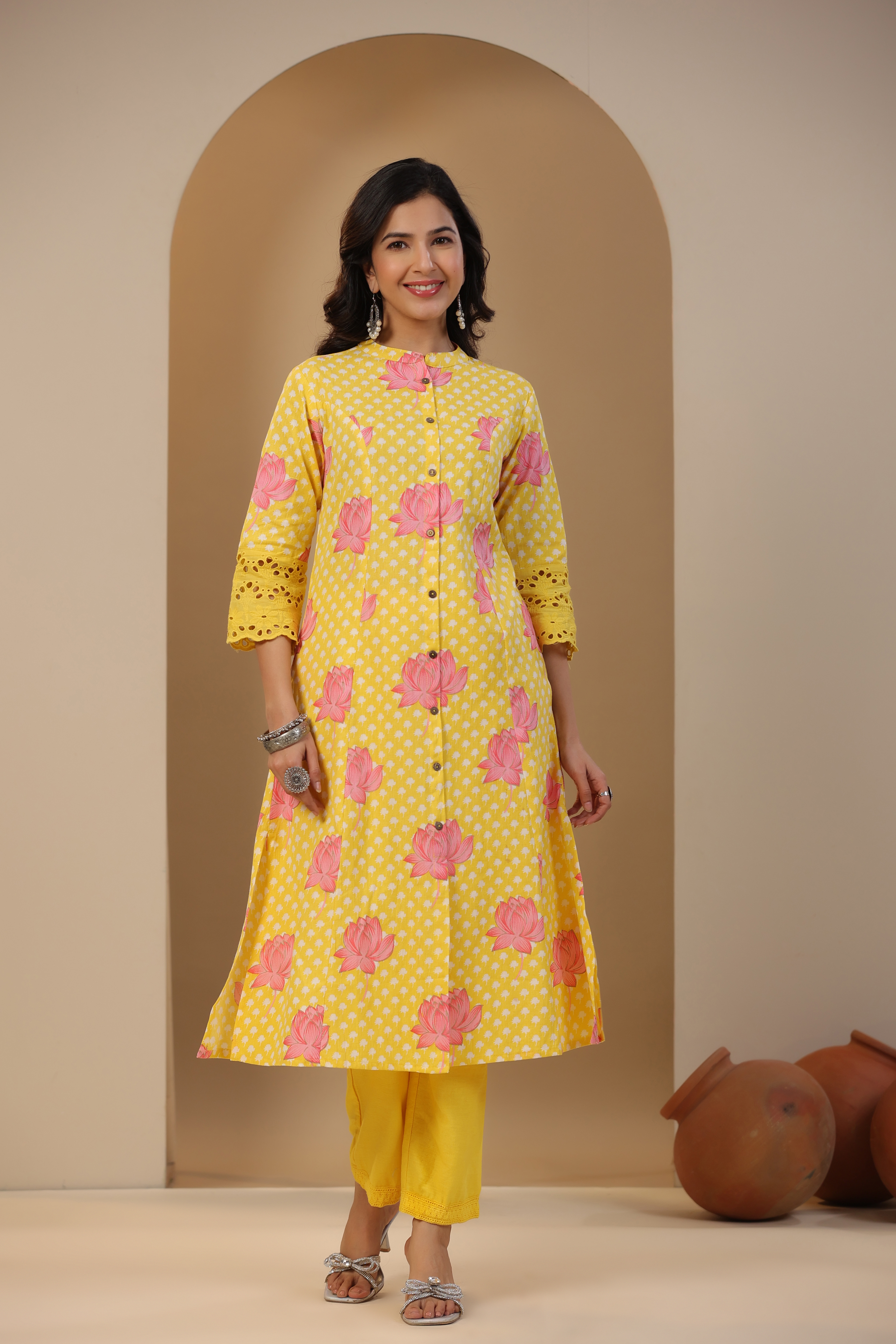 Libas Women Mustard Yellow Floral Embroidered Empire Mirror Work Kurti with  Palazzos & With Dupatta - Absolutely Desi