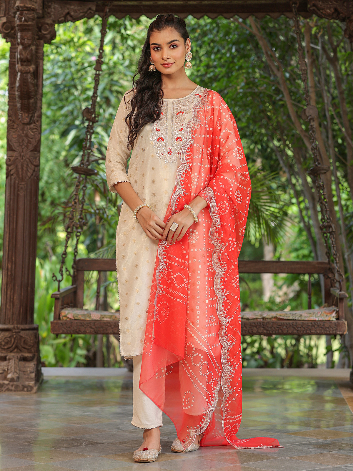 Red and white kurta set with boota dupatta by Ghoomar Jaipur | The Secret  Label