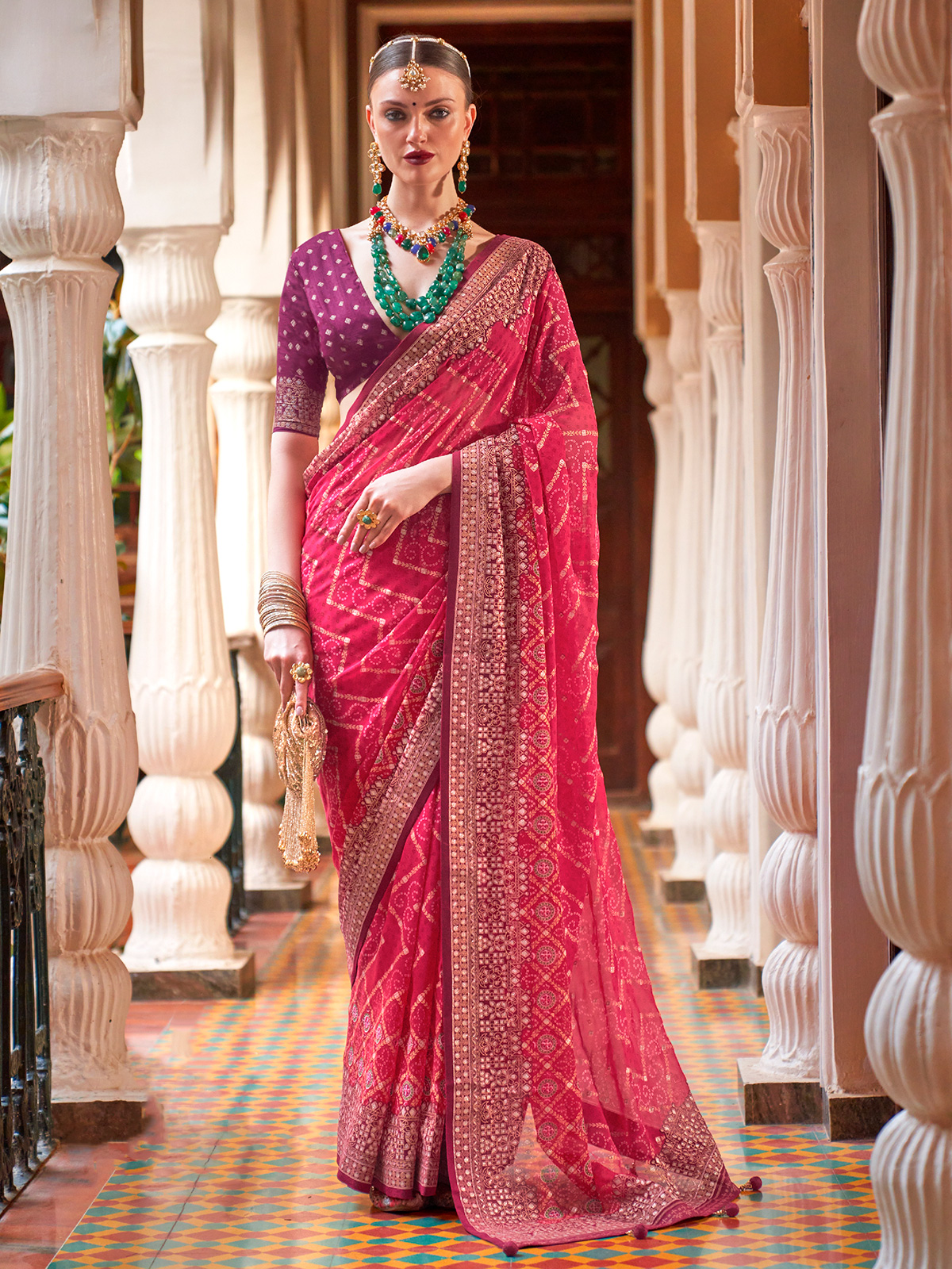 Pink Saree in Georgette With Stitched Blouse for Girls and Women Sari -   Canada
