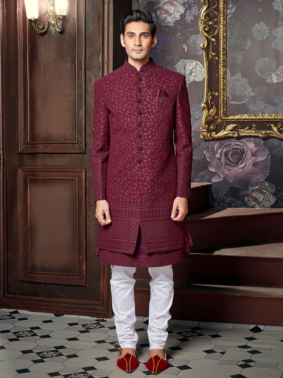 Designer wedding wear maroon dual layer indowestern G3
