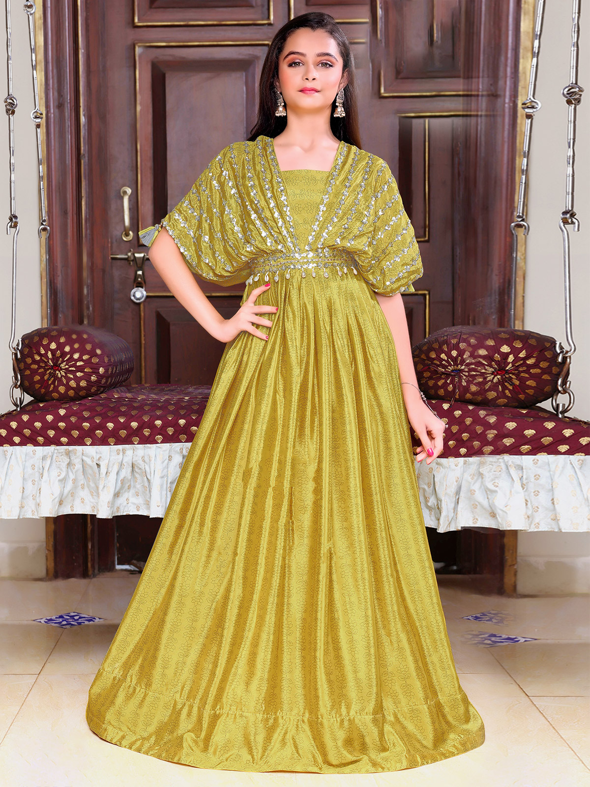 Buy Wonderful Mustard Yellow Sequins Work Cotton Gown With Jacket Online At  Ethnic Plus