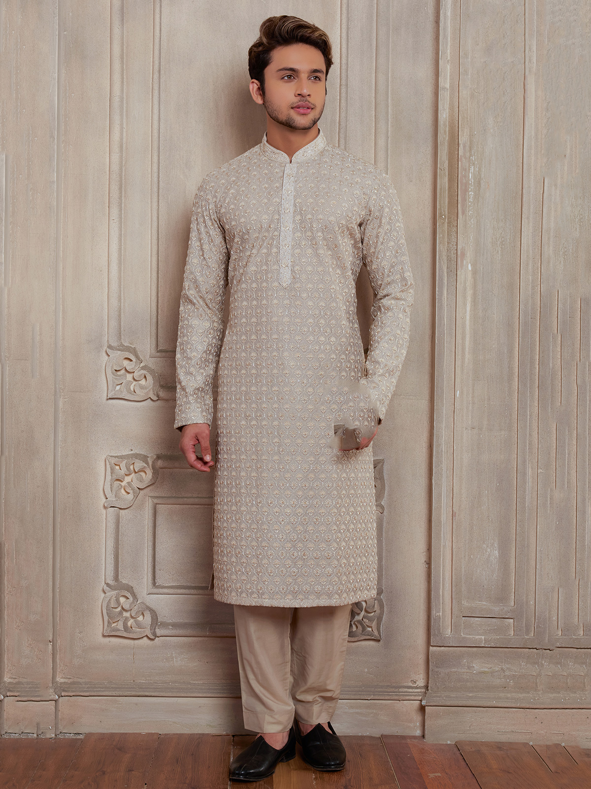 Elegant beige silk embroidery kurta suit G3 MKS4257 G3fashion