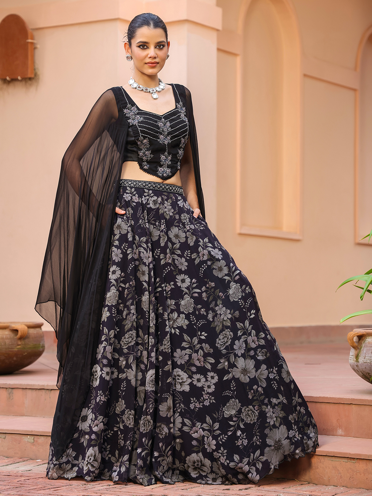 Buy Stylish White and Peach Sequins Georgette Crop Top Lehenga Online