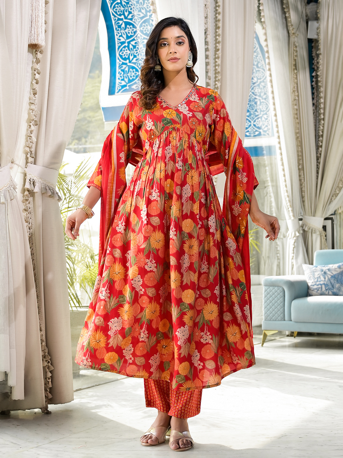 Buy InWeave Women Orange Solid Kurta With Palazzos & Floral Print Dupatta -  Kurta Sets for Women 16524740 | Myntra
