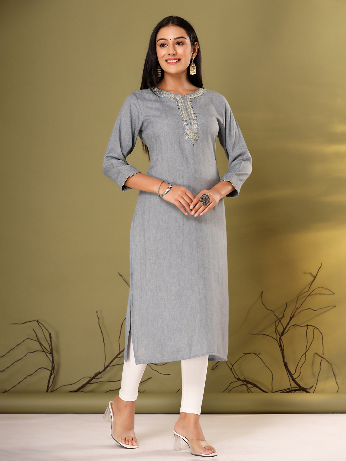 Women's Black and Grey Cotton Printed Straight Regular and Office Wear Kurti