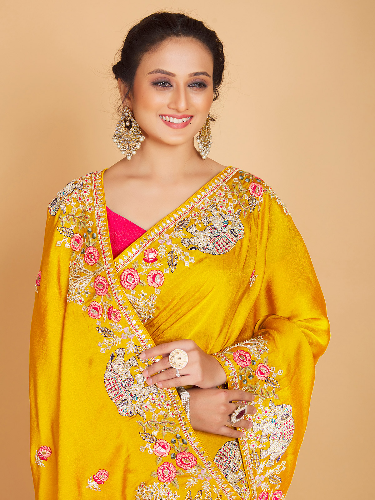 Buy Online Yellow Tussar Georgette Saree in USA |Embroidered Blouse – Pure  Elegance