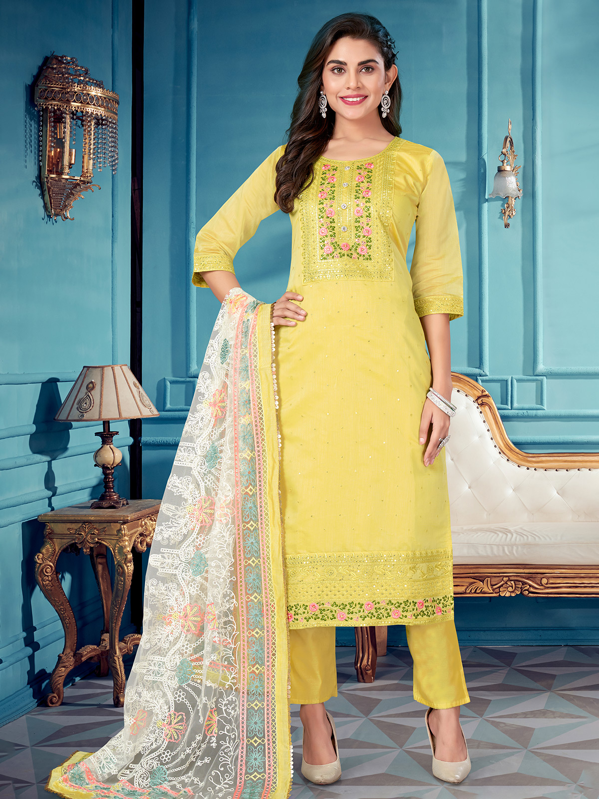 Buy Festival Wear Yellow Embroidery Work Silk Readymade Salwar Suit Online  From Surat Wholesale Shop.