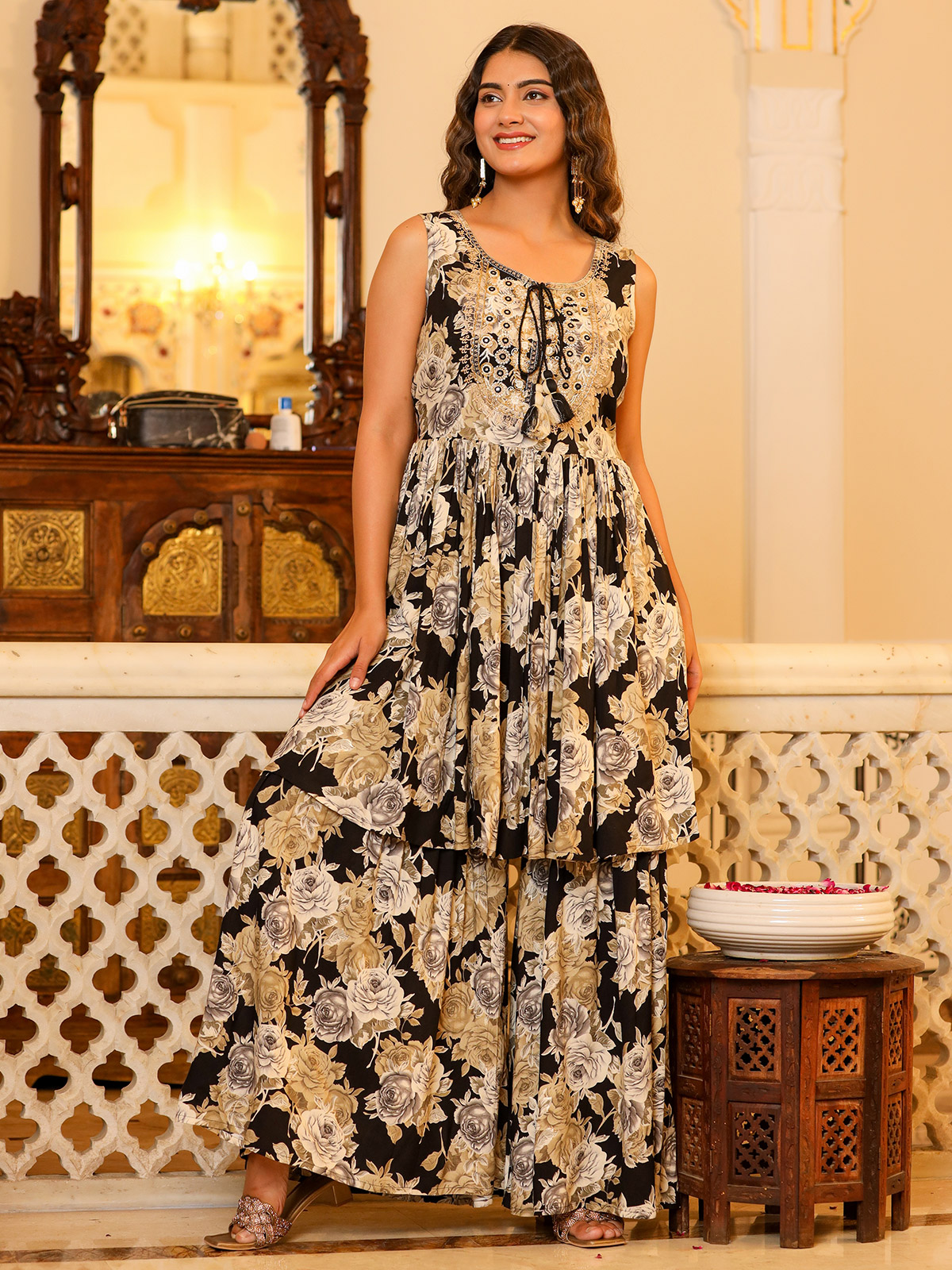 Floral printed black cotton sharara suit G3 WPS02687 G3fashion
