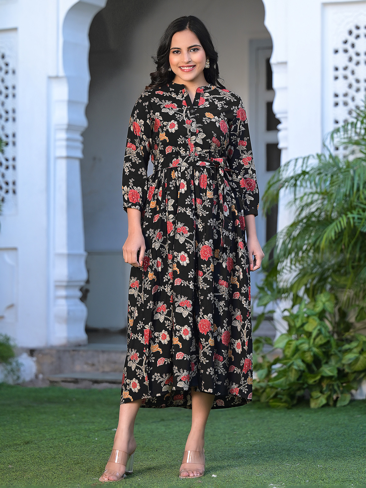 Black with Floral Print Overcoat Anarkali Styled Long Kurti – Seasons  Chennai