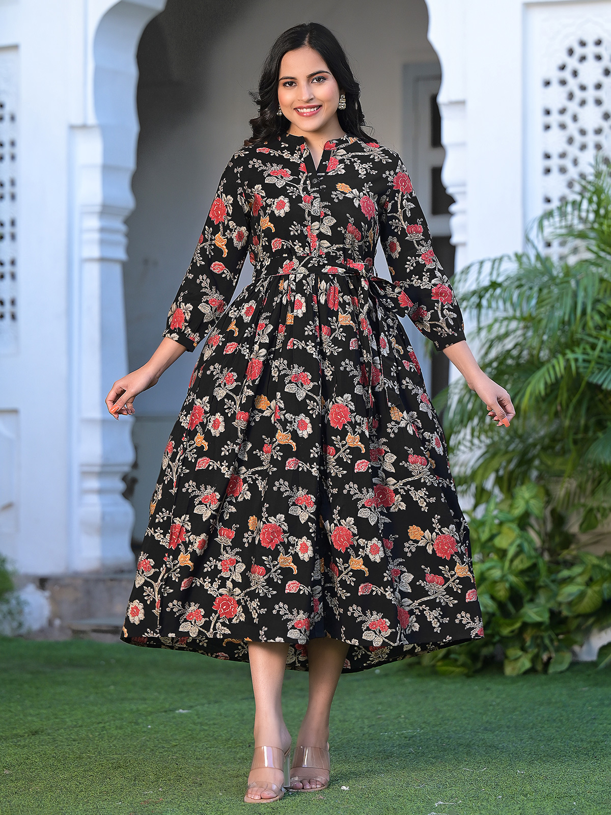 Floral printed black muslin cotton long kurti G3 WKU02099 G3fashion